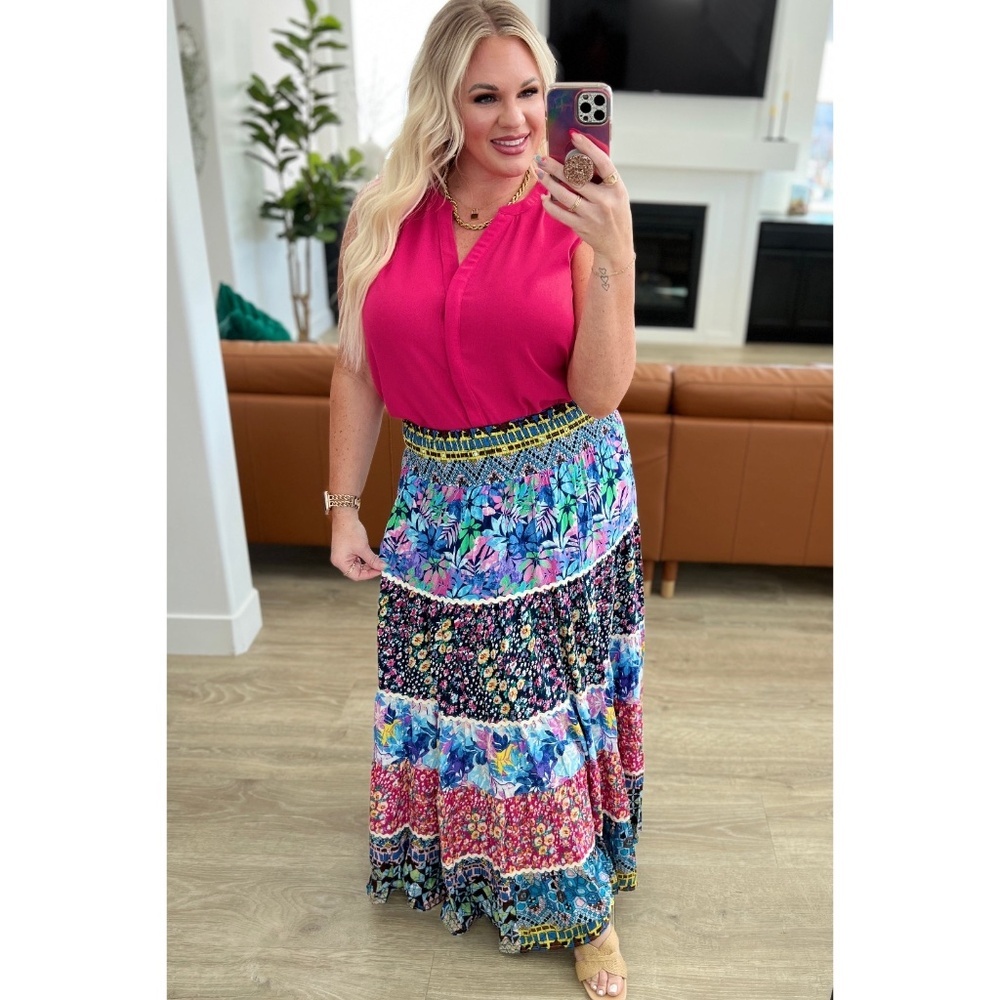 WHITE BIRCH Flower Patchwork Print Smocked Waist Tiered Maxi Skirt - Picture 5 of 10